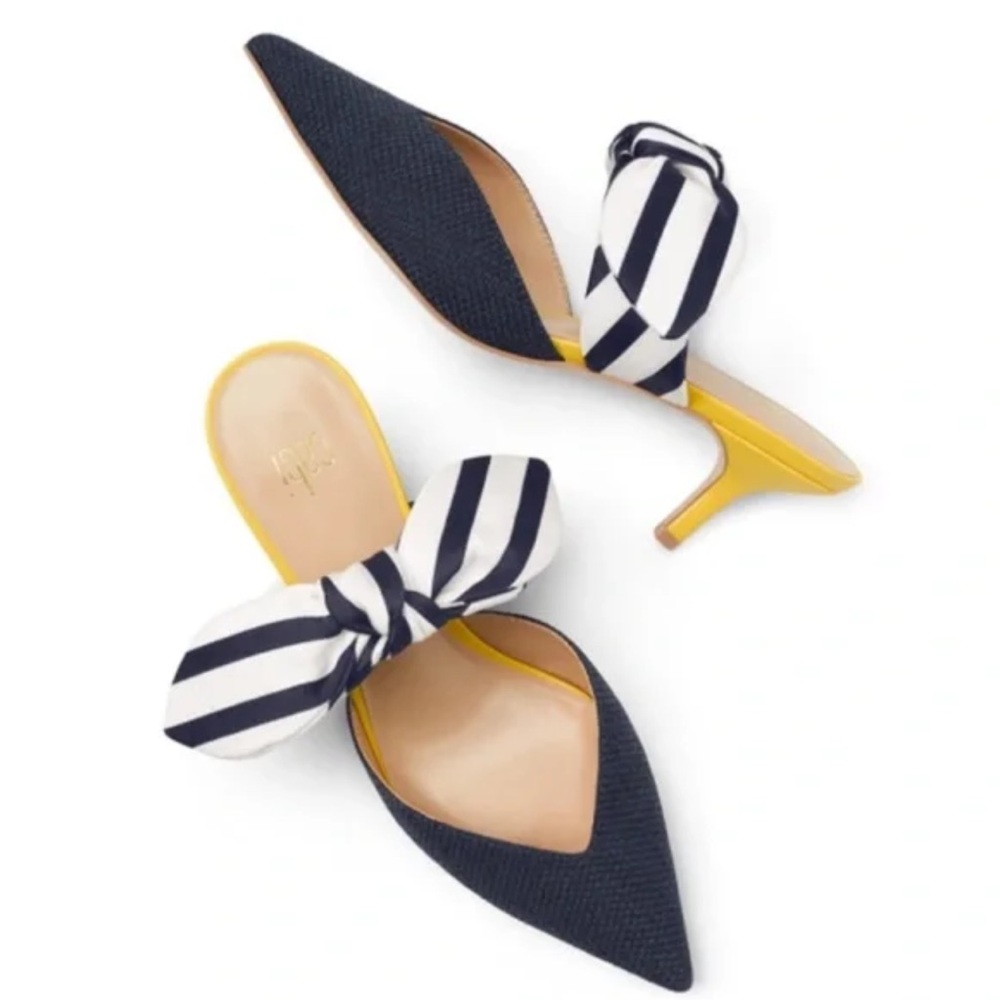 Striped Bow Navy and White Pointed Mule Heels with Yellow Accent